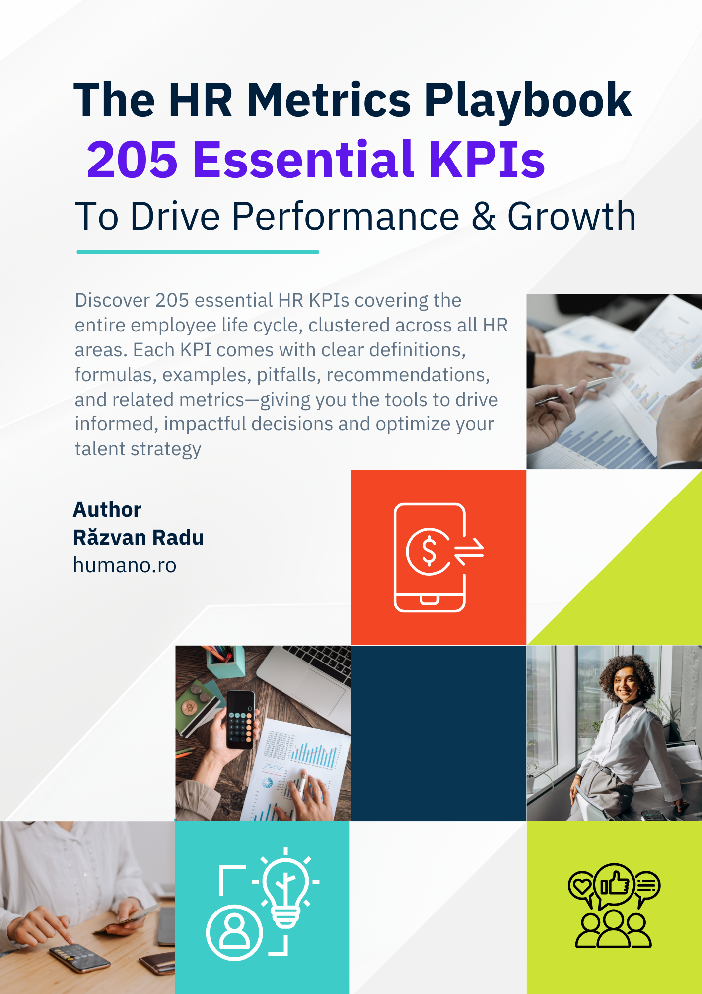 Cover of 'The HR Metrics Playbook: 205 Essential KPIs to Drive Performance & Growth' by Răzvan Radu, featuring a colorful layout with images of people working, icons for analytics and HR metrics, and text description